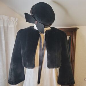 Black Faux Fur Cropped Bolero Jacket Tie Front Luxe Evening Old Hollywood XS